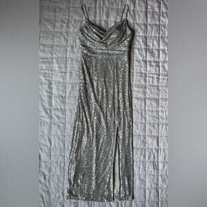 Eliza J Champagne Cowl Neck Sequin Gown Spaghetti Straps Leg Slit Formal - 8